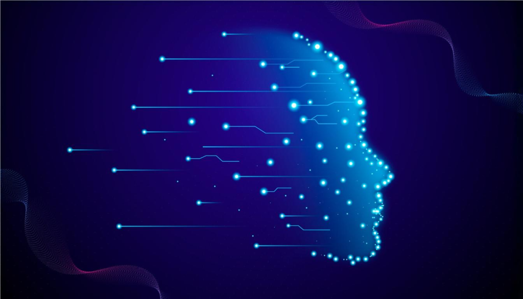 A glowing digital representation of a human head made of interconnected nodes and circuits on a dark blue background. This image symbolizes AI business communication tools and the role of AI-powered UCaaS in modern communication.
