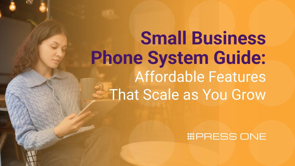 Woman using a tablet and coffee in a café setting beside text about a Small business phone system guide with affordable features that scale as you grow.